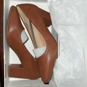 Snakeskin embossed point toe chunky heeled pumps